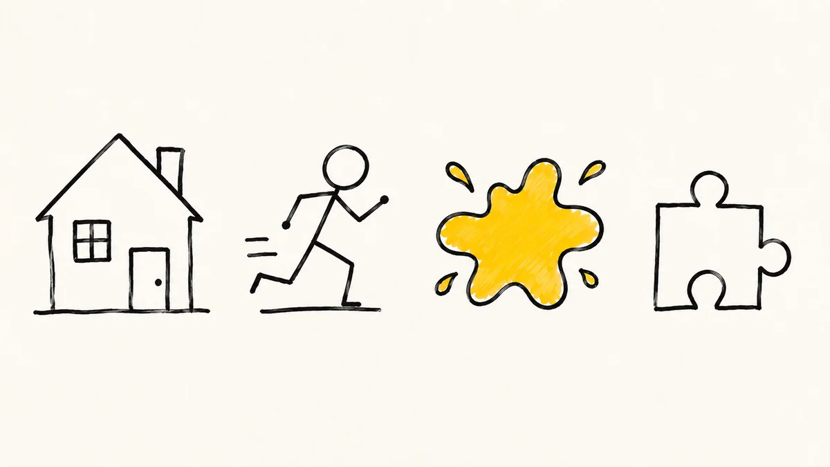 Vier handgezeichnete Symbole für Nomen, Verb, Adjektiv und Artikel