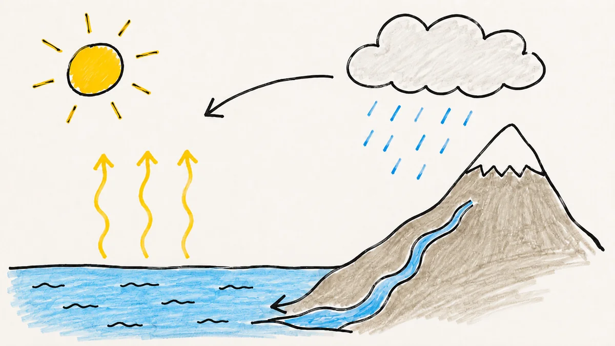 Handgezeichneter Wasserkreislauf mit Sonne, Wolke und Fluss